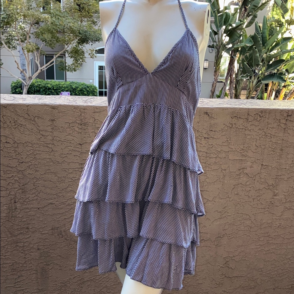 one clothing Navy and White Striped Tiered Ruffle Halter Dress